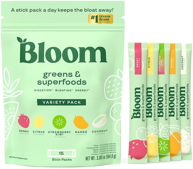 Bloom Nutrition Superfood Greens Powder Stick Packs, 5 Flavor Variety