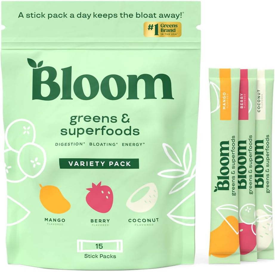 Bloom Nutrition Superfood Greens Powder Stick Packs, 3 Flavor Variety