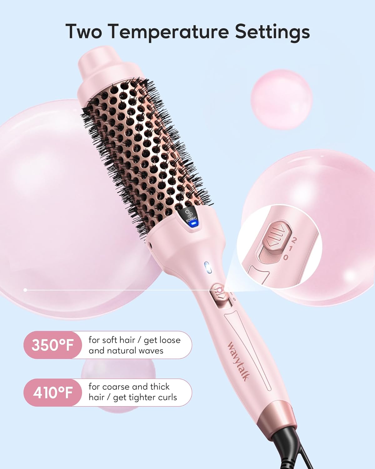 Wavytalk Thermal Brush, فرشاة مستديرة ساخنة، فرشاة مكواة تجعيد أيونية 4 سم، سهلة الاستخدام، تسخين سريع (زهري)