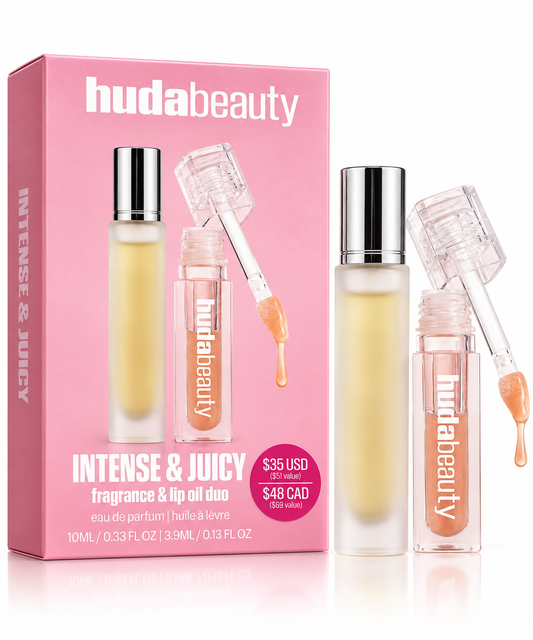 Huda Beauty Intense and Juicy fragrance and lip duo