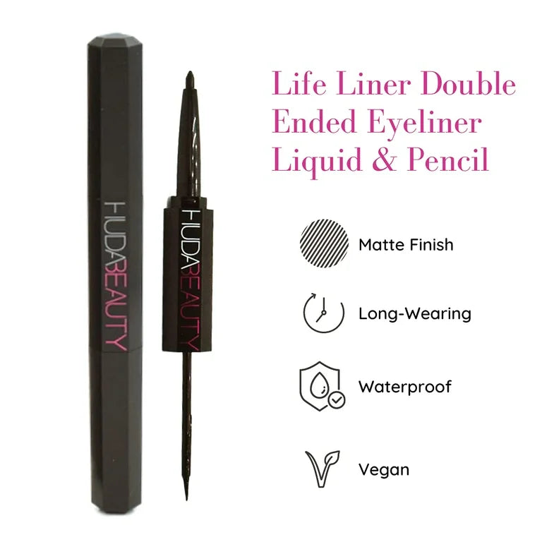 Huda Beauty Life Liner Double Ended Eyeliner Liquid & Pencil Black - Full Size