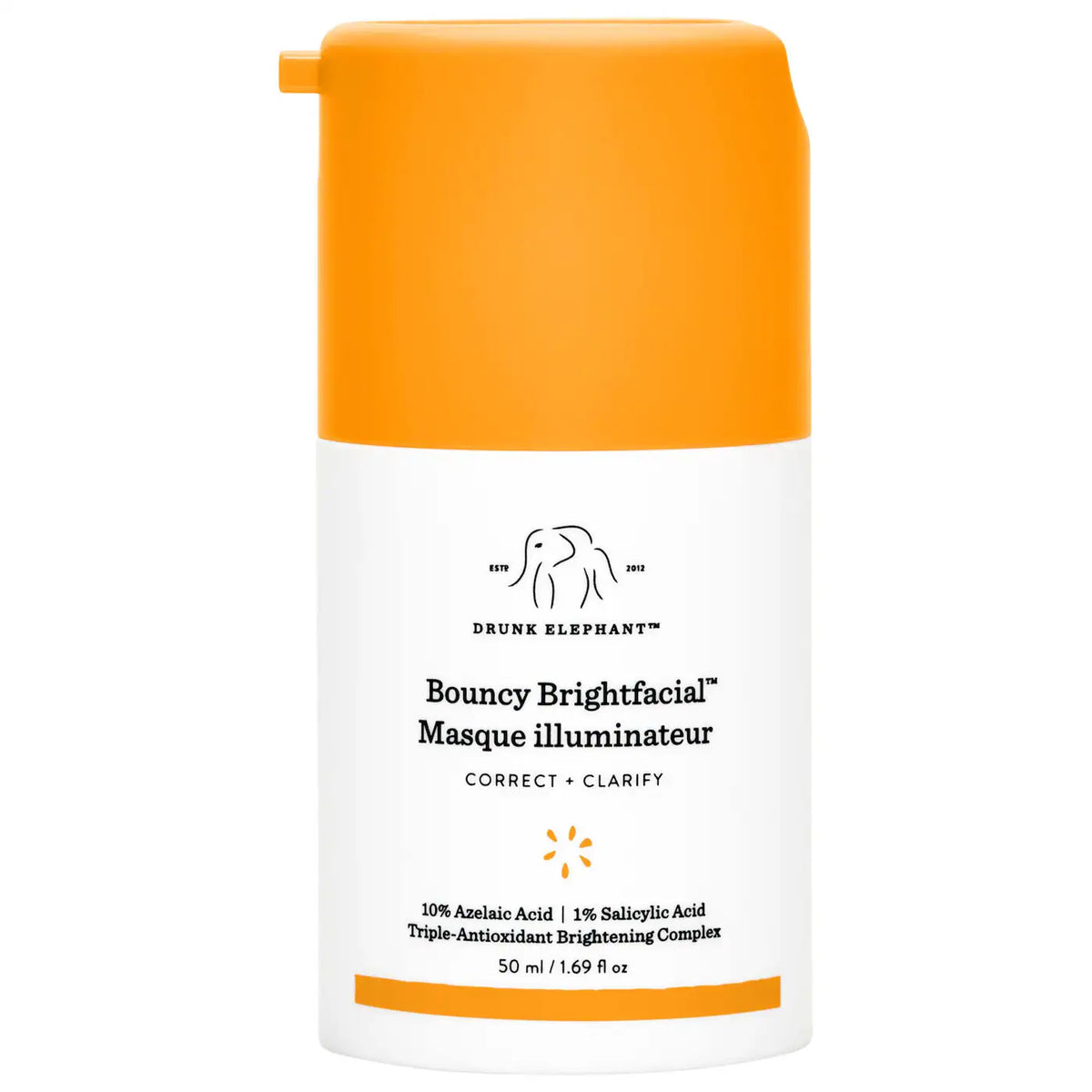 Drunk Elephant  Bouncy Brightfacial Brightening Mask with 10% Azelaic Acid + 1% Salicylic Acid قناع مصمم لتفتيح وتوحيد لونها وتقليل الاحمرار والبقع الداكنة