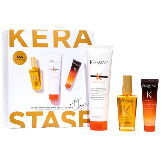 Kérastase Nutritive Heat Protecting Styling Cream, Night Serum & Mini Elixir Ultime Hair Oil Set